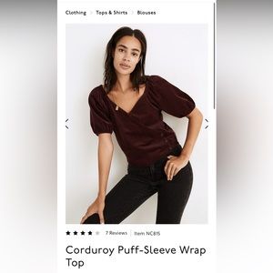 Madewell Corduroy Burgandy Puff Sleeve Wrap Top